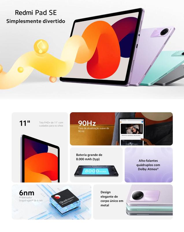 Tablet Xiaomi Redmi Pad SE 11 256GB / 128GB com tela FHD Plus 90Hz